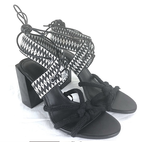 ZARA B & W Aztec Print Tie Block Heels women size 8 - Picture 2 of 8